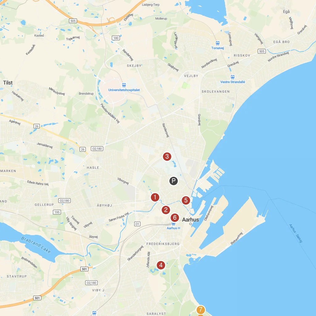 Aarhus, Denmark map with numbered points of interest