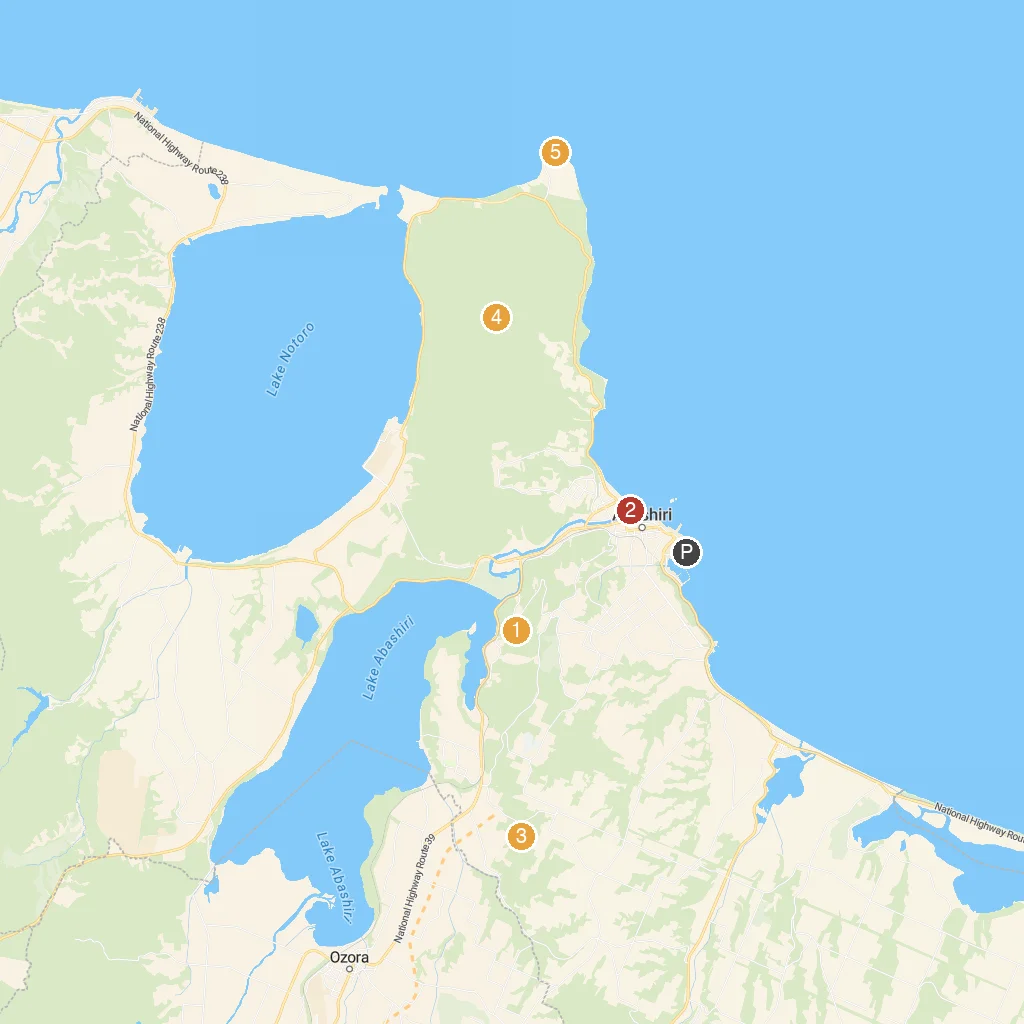 Abashiri, Hokkaido, Japan map with numbered points of interest