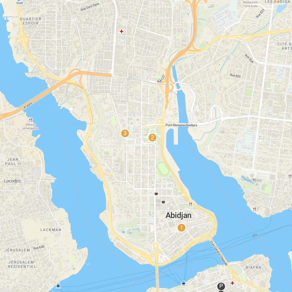 Abidjan, Côte d'Ivoire map with numbered points of interest