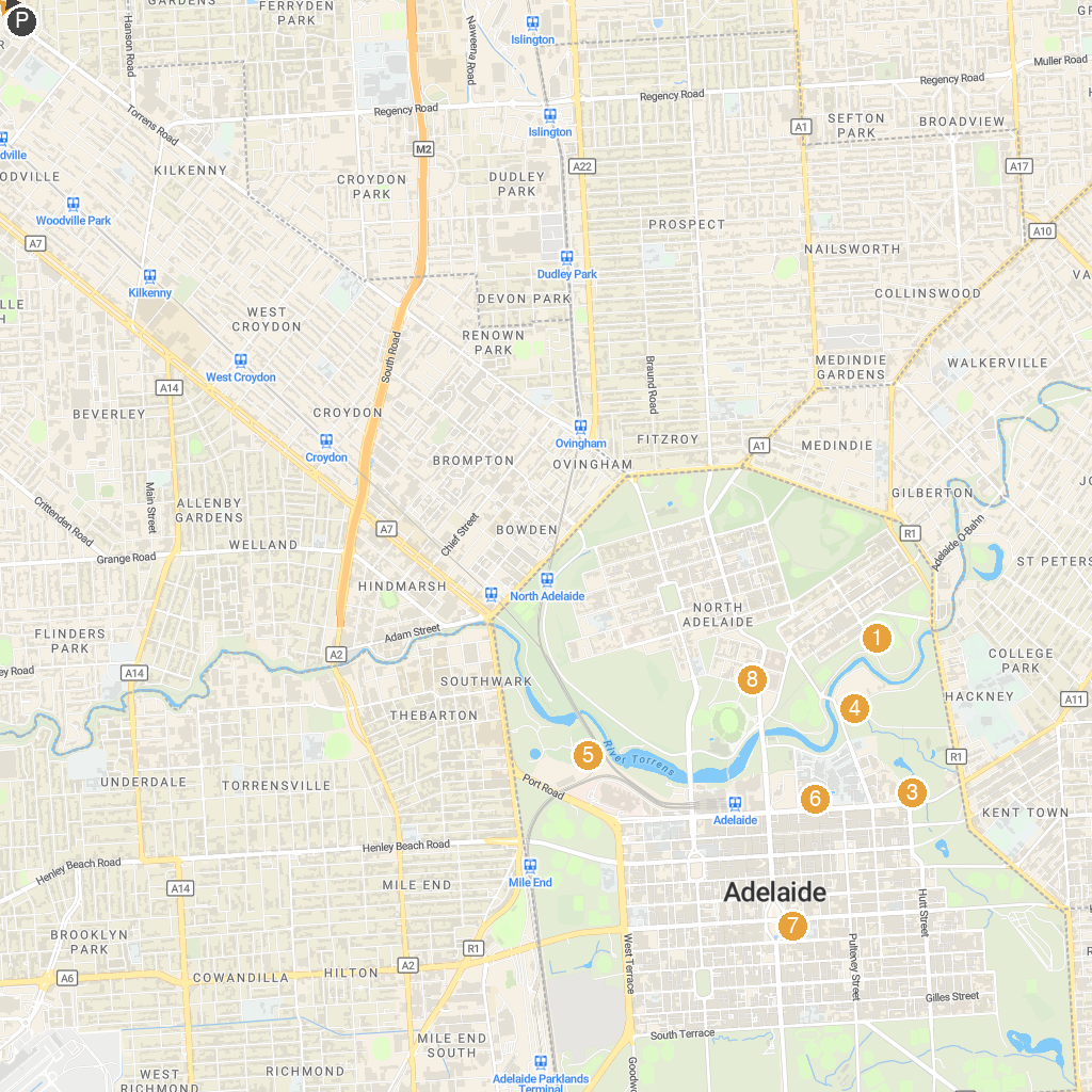 Adelaide, South Australia, Australia map with numbered points of interest