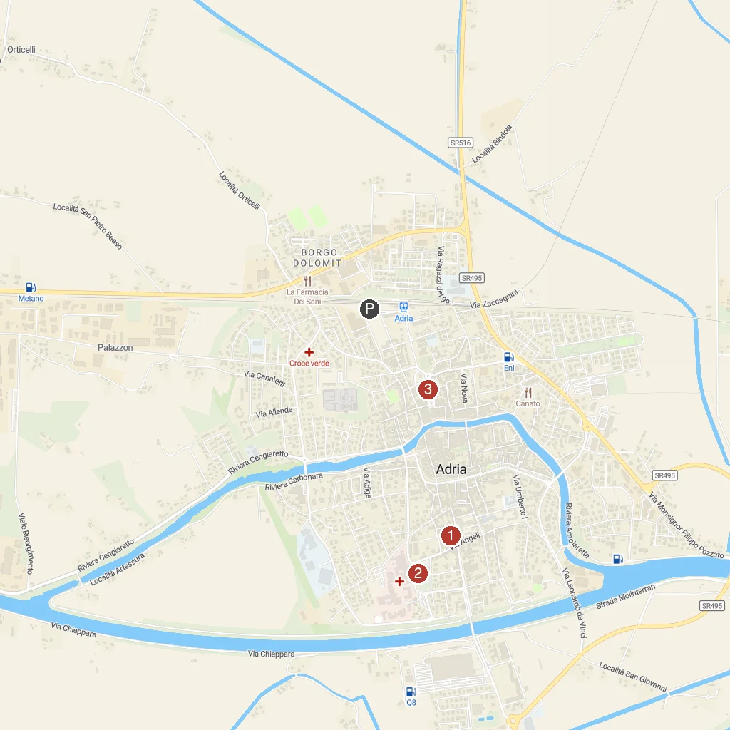 Adria, Veneto, Italy map with numbered points of interest