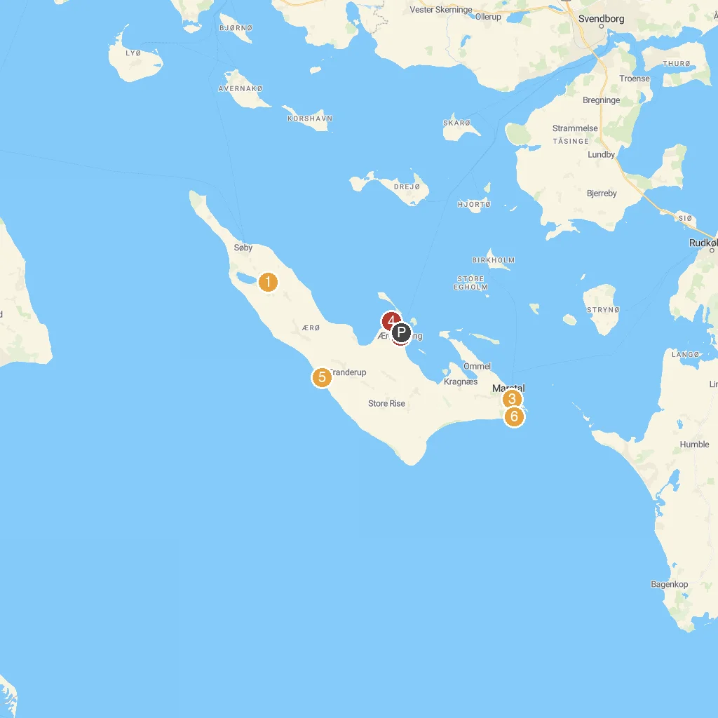 Ærø Island, South Funen Archipelago, Denmark map with numbered points of interest