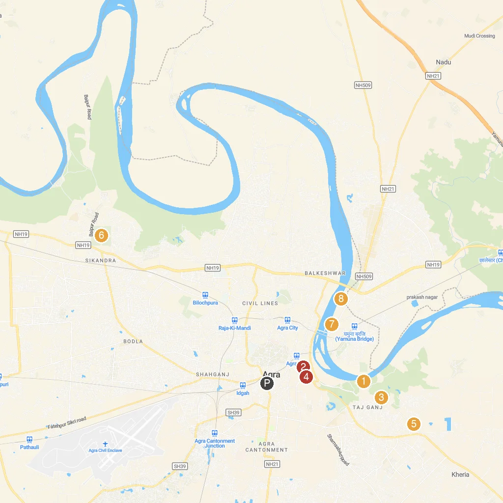 Agra, Uttar Pradesh, India map with numbered points of interest