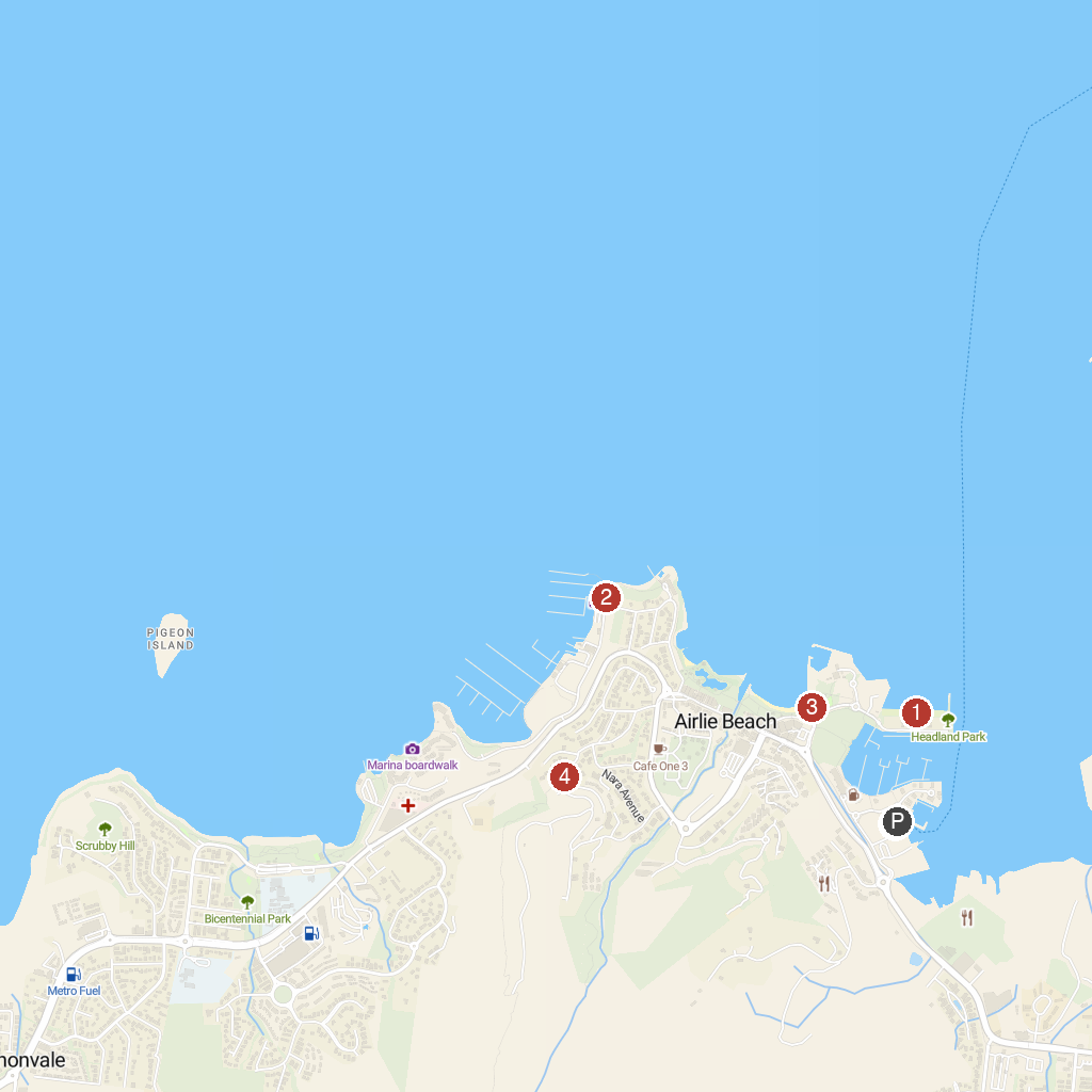 Airlie Beach, Queensland, Australia map with numbered points of interest