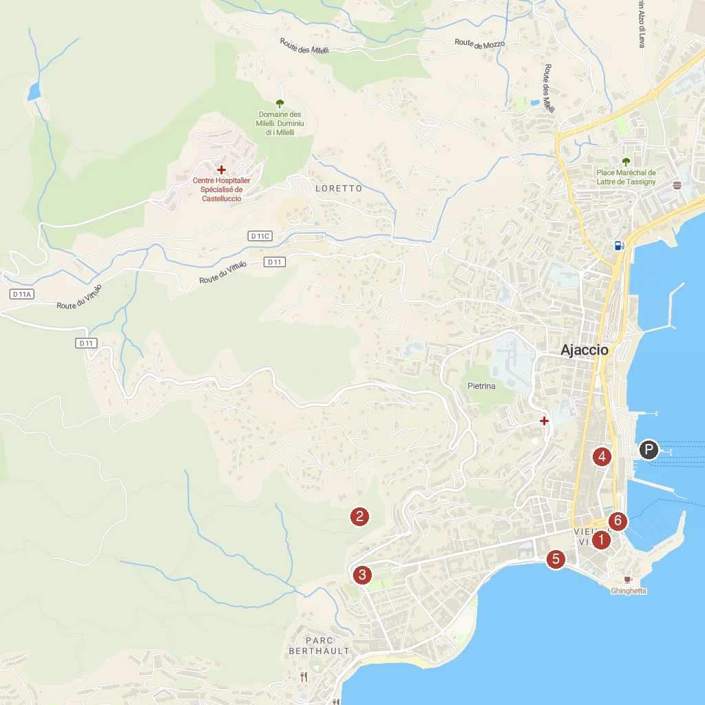 Ajaccio, Corsica, France map with numbered points of interest