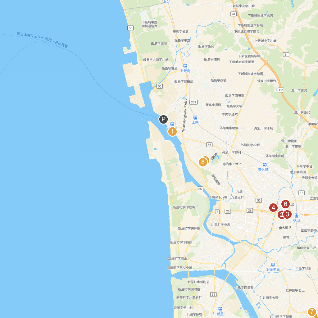 Akita City, Tohoku, Japan map with numbered points of interest