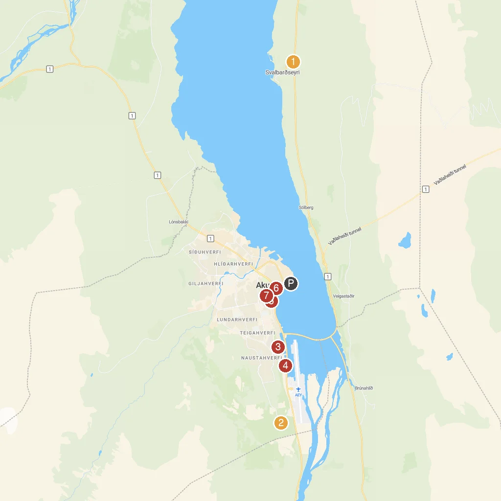 Akureyri, Iceland map with numbered points of interest