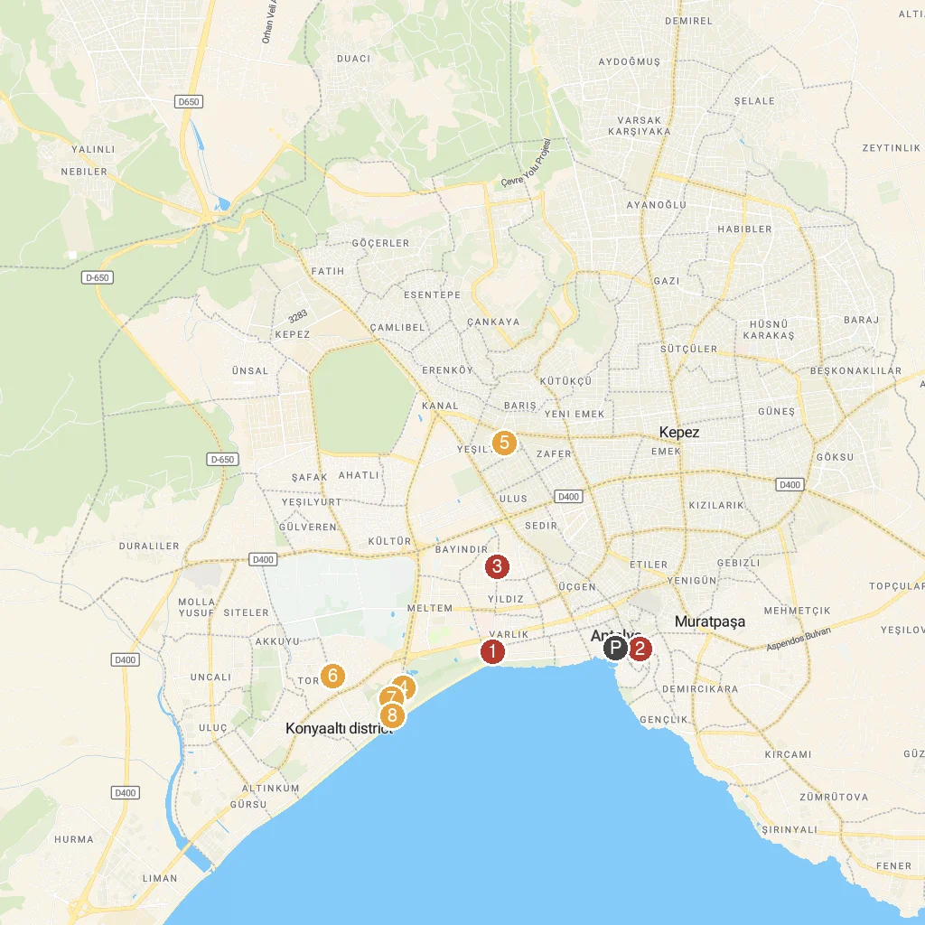 Alanya, Antalya, Turkey map with numbered points of interest