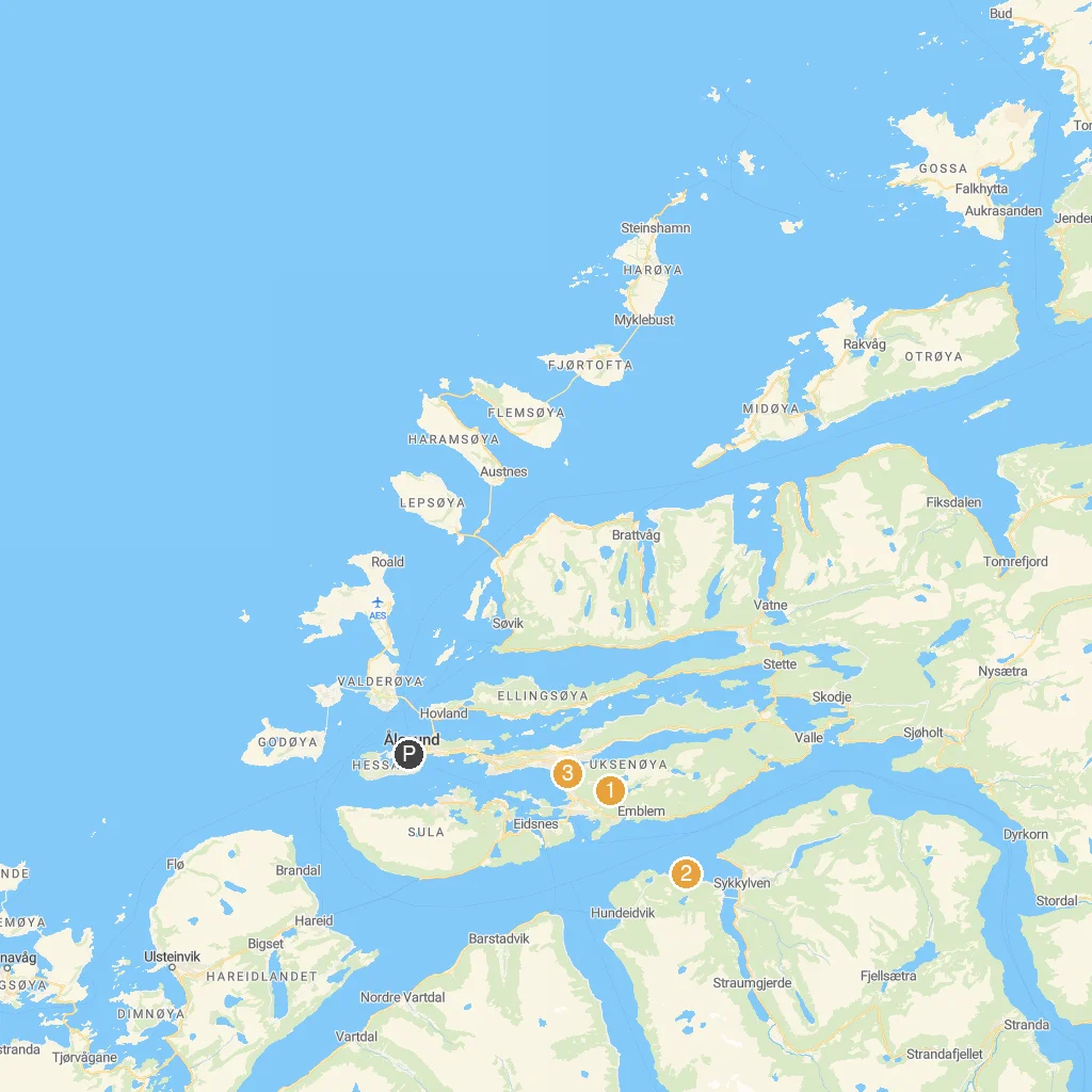 Ålesund, Møre og Romsdal, Norway map with numbered points of interest
