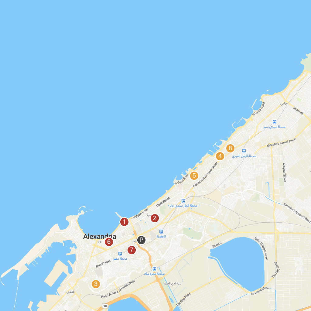 Alexandria, Alexandria Governorate, Egypt map with numbered points of interest