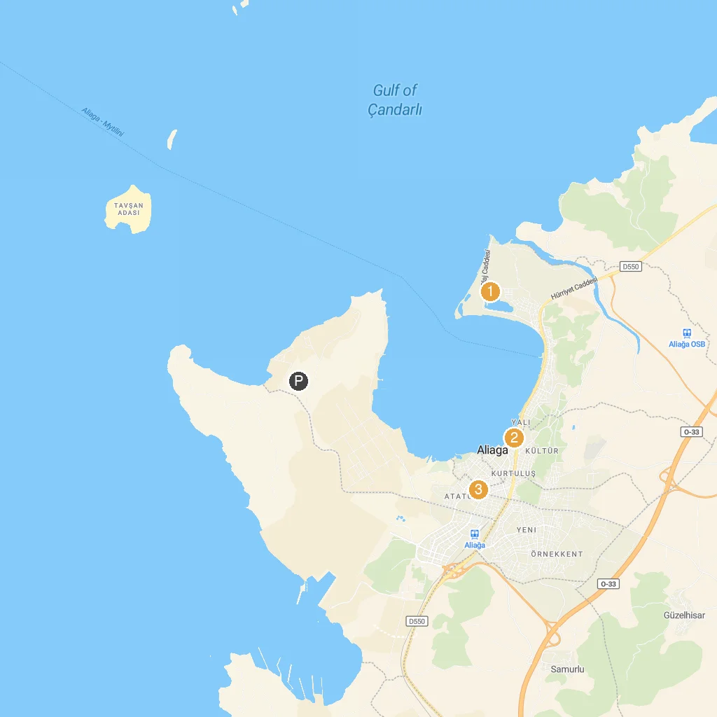 Aliağa, İzmir Province, Turkey map with numbered points of interest