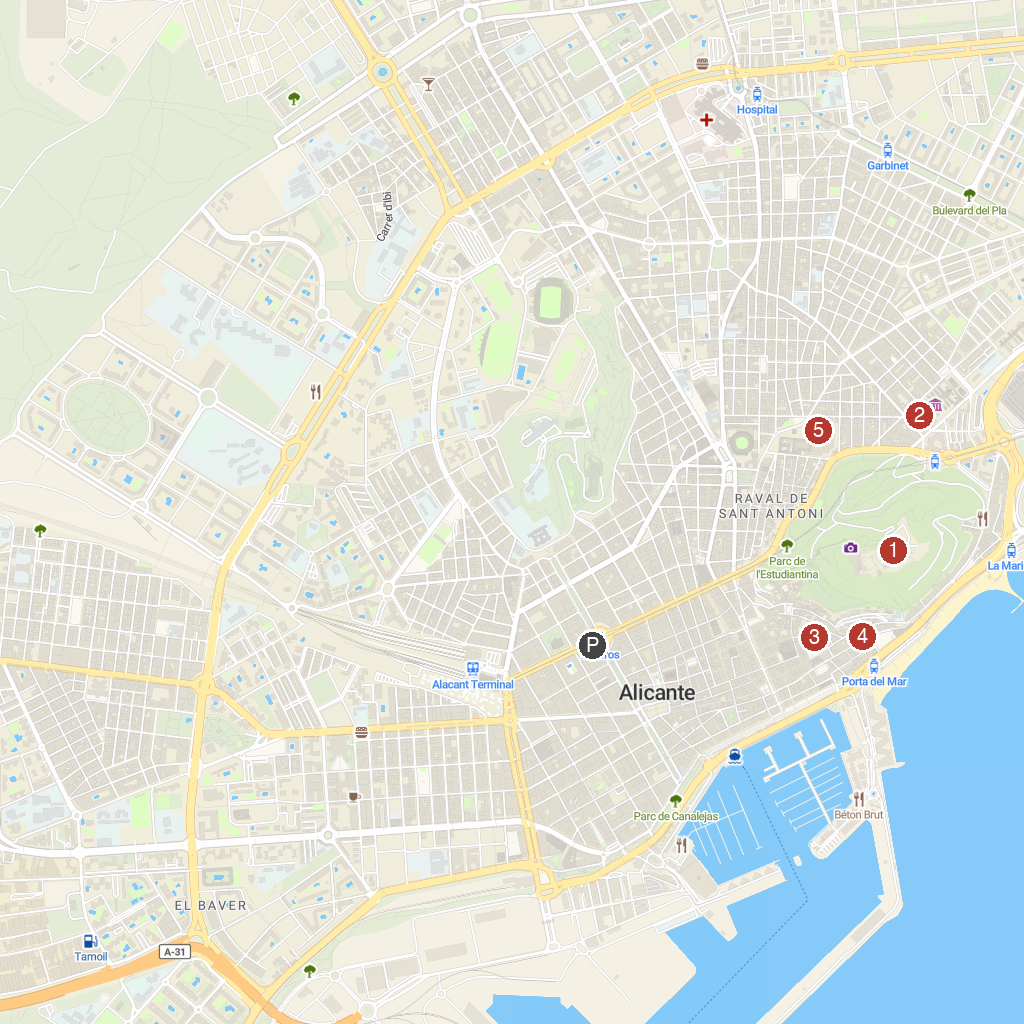Alicante, Valencia, Spain map with numbered points of interest