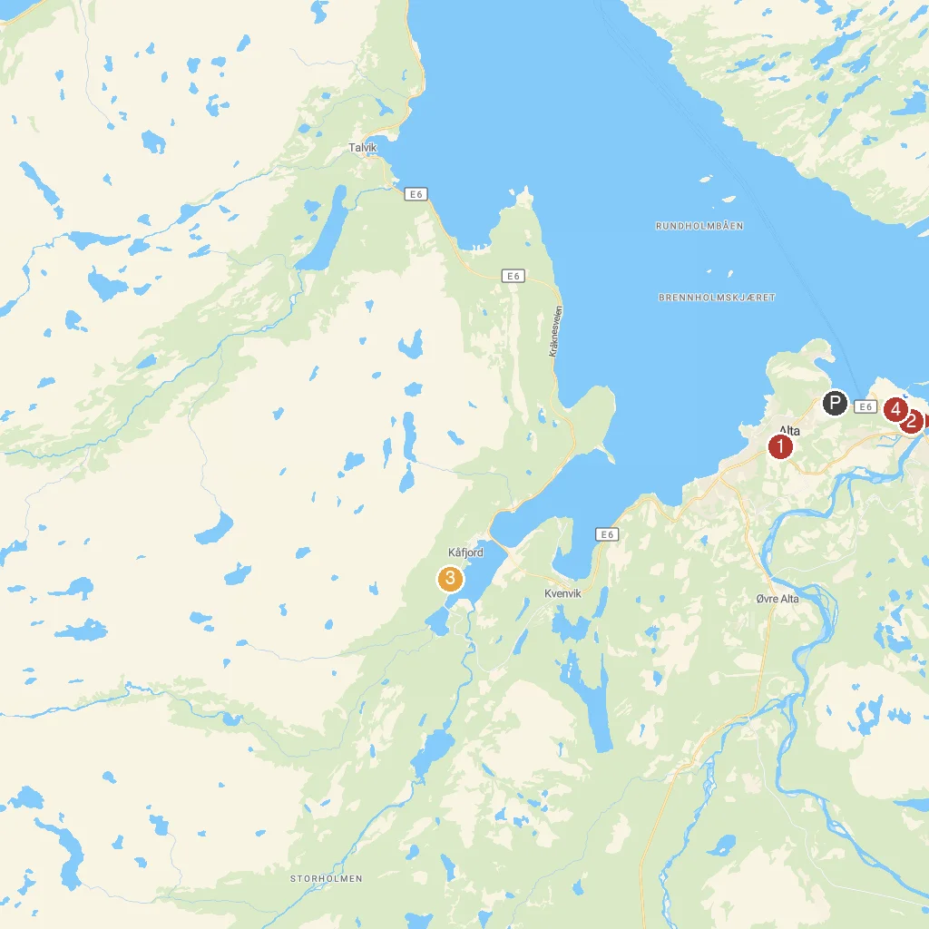 Alta, Finnmark, Norway map with numbered points of interest