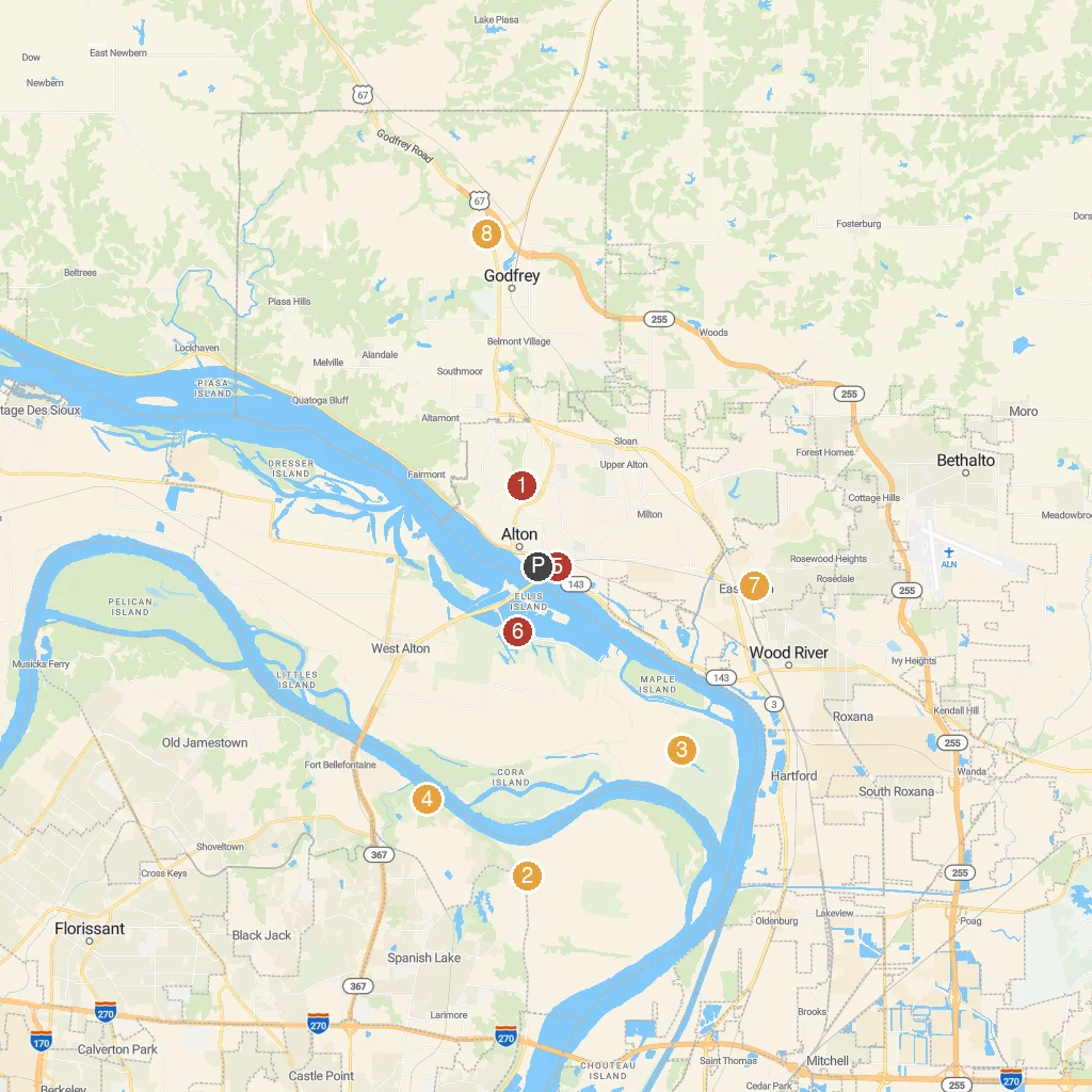 Alton, Illinois, USA map with numbered points of interest