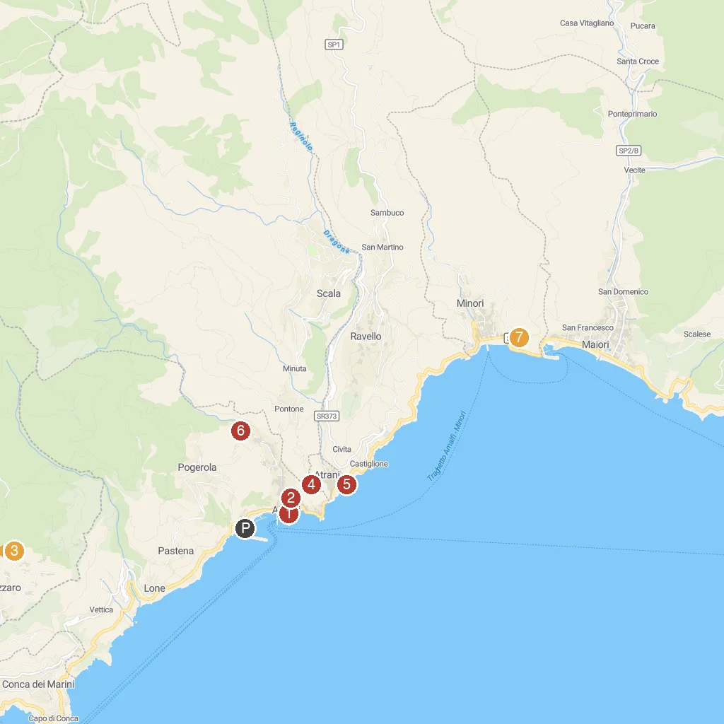 Amalfi, Campania, Italy map with numbered points of interest