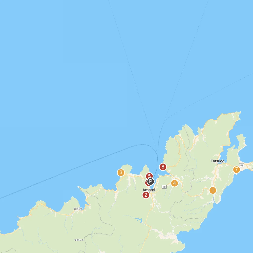 Amami Oshima, Kagoshima, Japan map with numbered points of interest