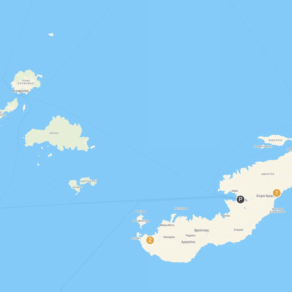 Amorgos Island, Cyclades, Greece map with numbered points of interest