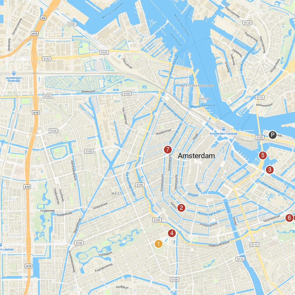 Amsterdam, North Holland, Netherlands map with numbered points of interest