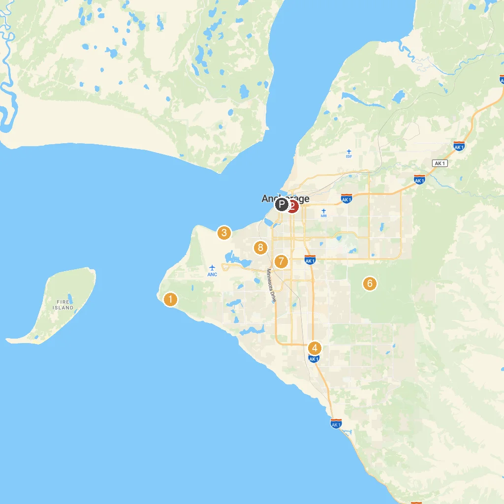 Anchorage, Alaska, USA map with numbered points of interest