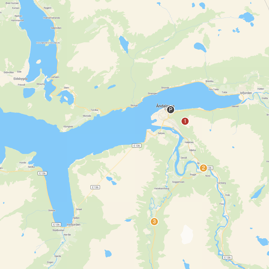 Åndalsnes, Møre og Romsdal, Norway map with numbered points of interest