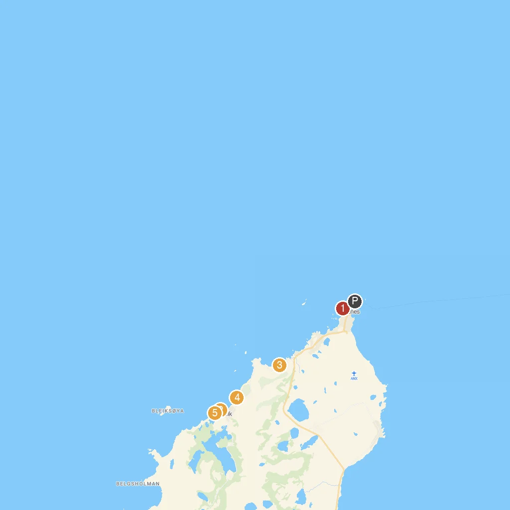 Andenes, Vesterålen, Norway map with numbered points of interest