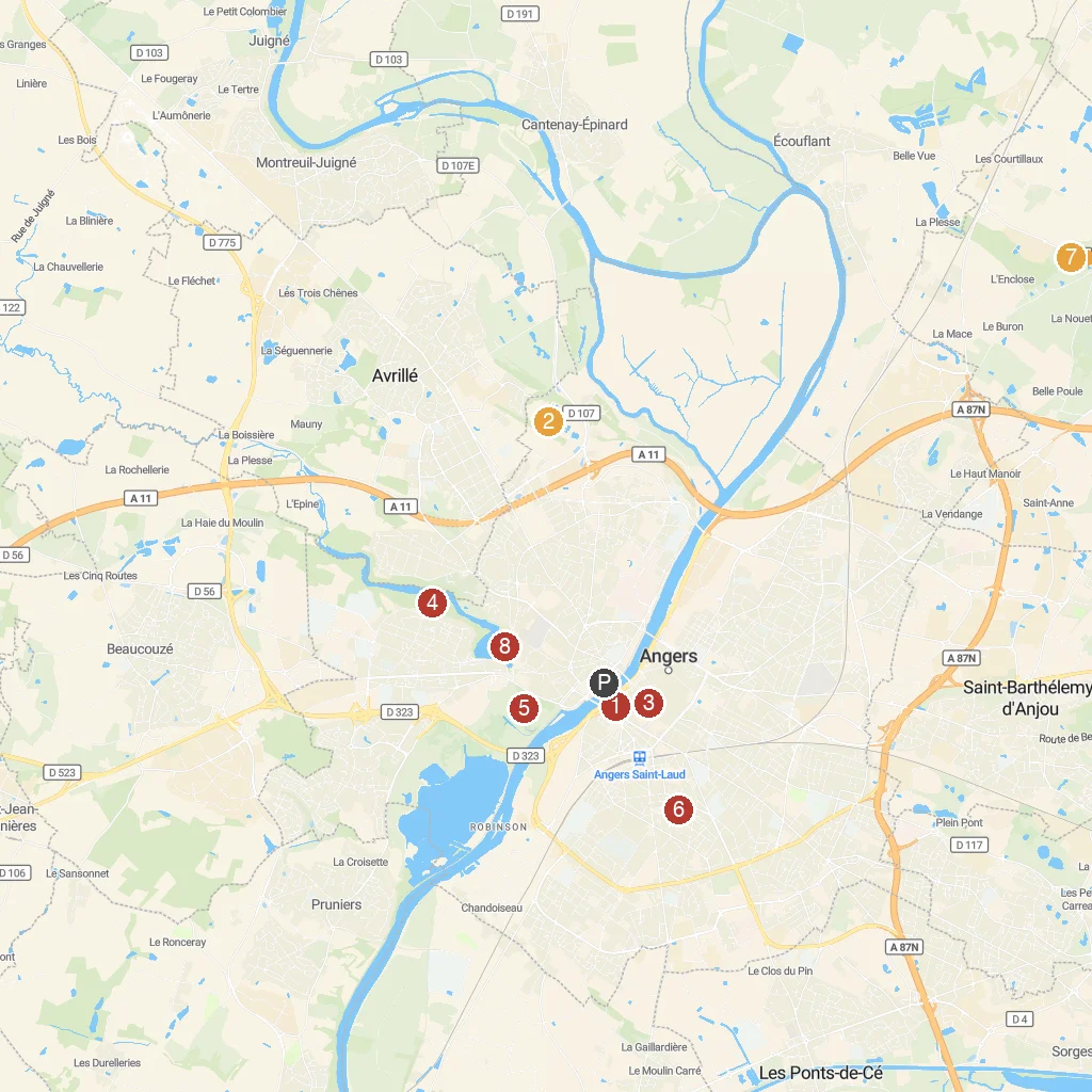 Angers, Loire Valley, France map with numbered points of interest