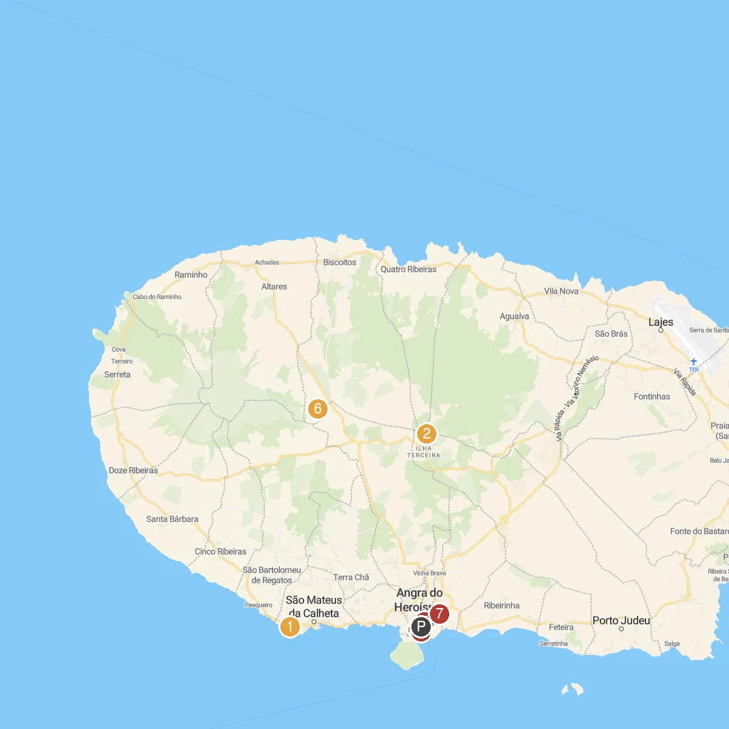 Angra do Heroísmo, Terceira, Azores, Portugal map with numbered points of interest