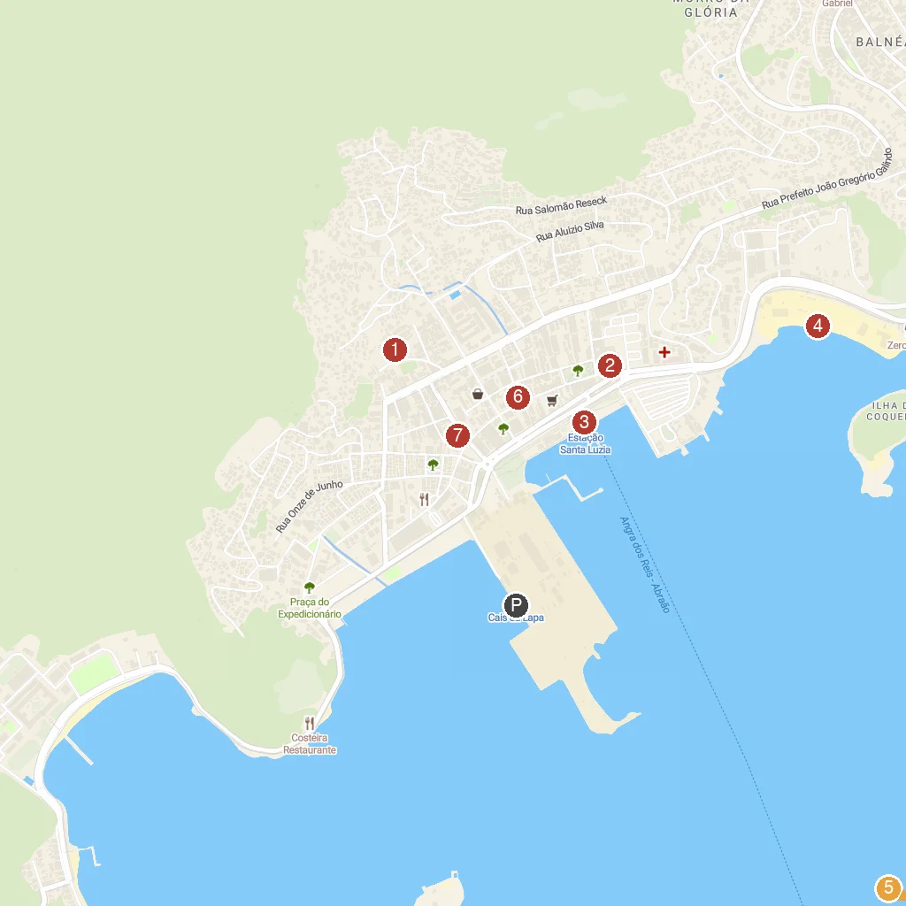 Angra dos Reis, Rio de Janeiro, Brazil map with numbered points of interest