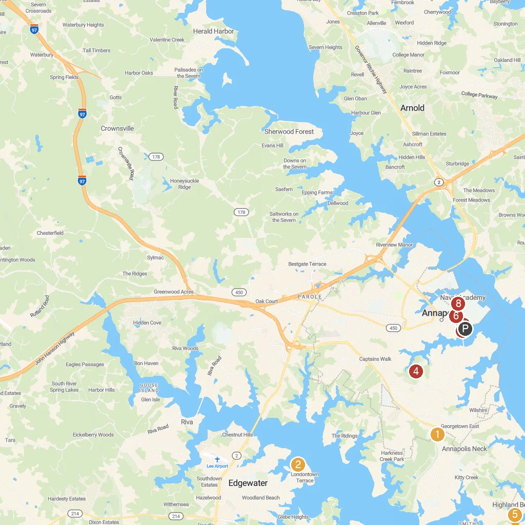 Annapolis, Maryland, USA map with numbered points of interest