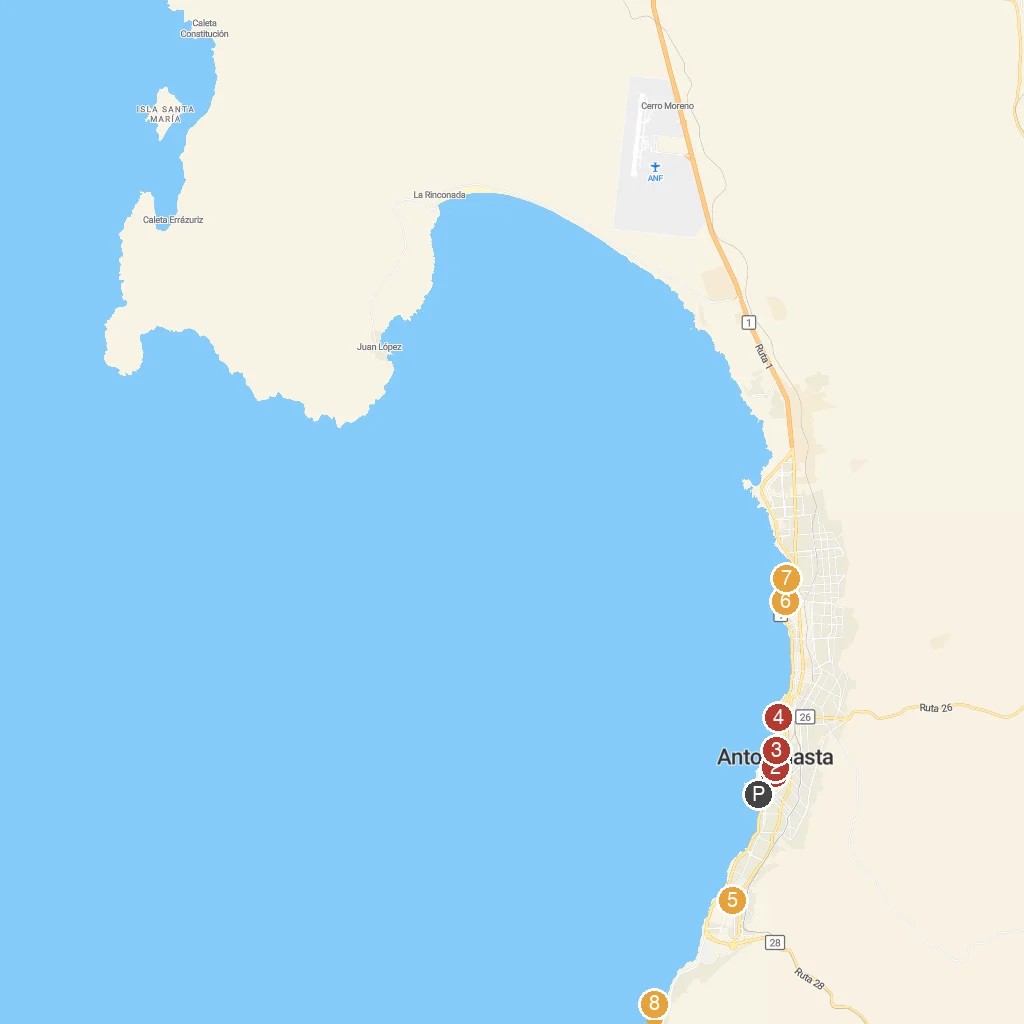 Antofagasta, Chile map with numbered points of interest