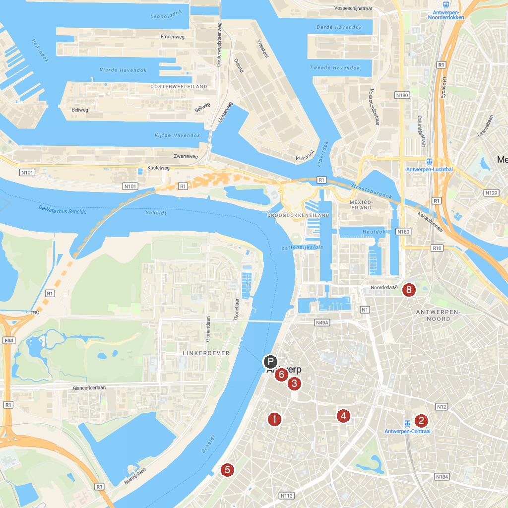 Antwerp, Flanders, Belgium map with numbered points of interest