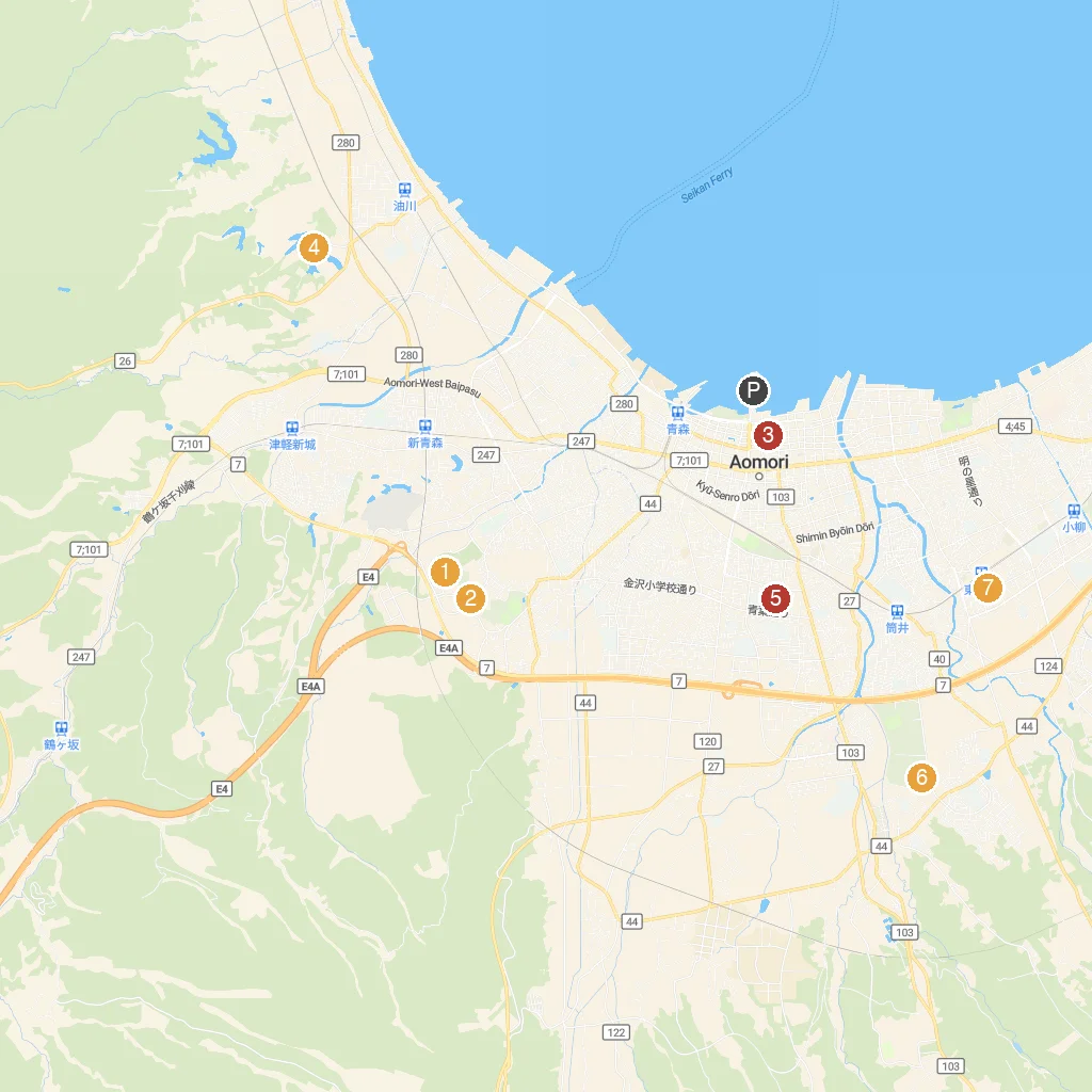 Aomori City, Aomori Prefecture, Japan map with numbered points of interest