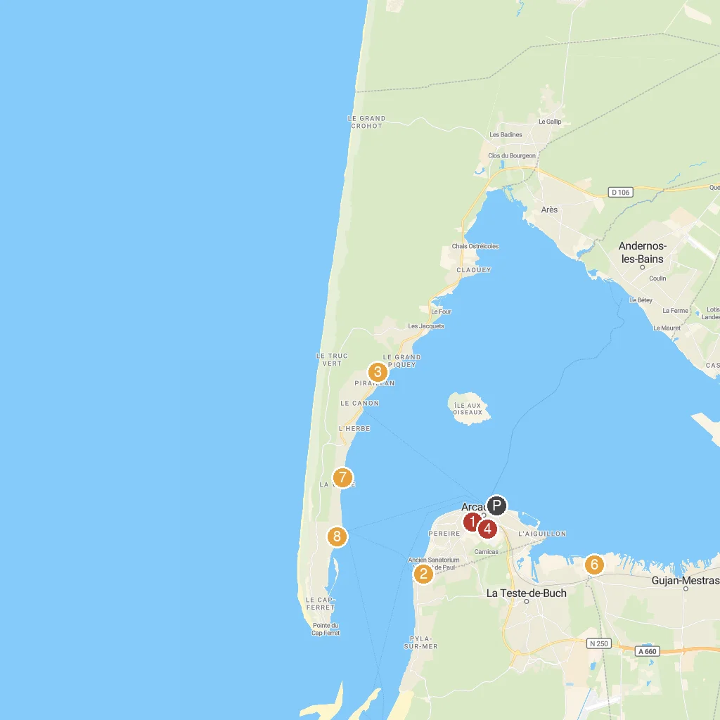 Arcachon, Nouvelle-Aquitaine, France map with numbered points of interest