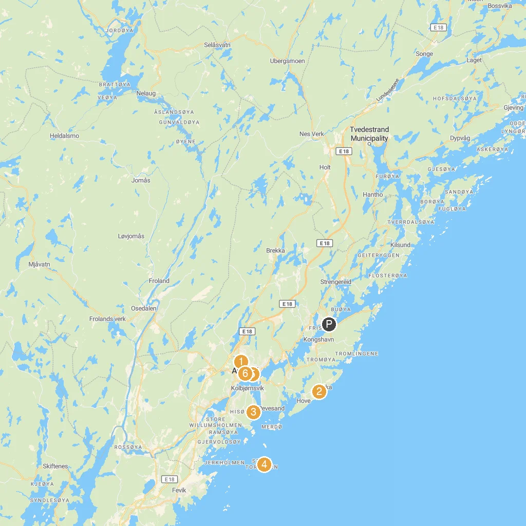Arendal, Aust-Agder, Norway map with numbered points of interest