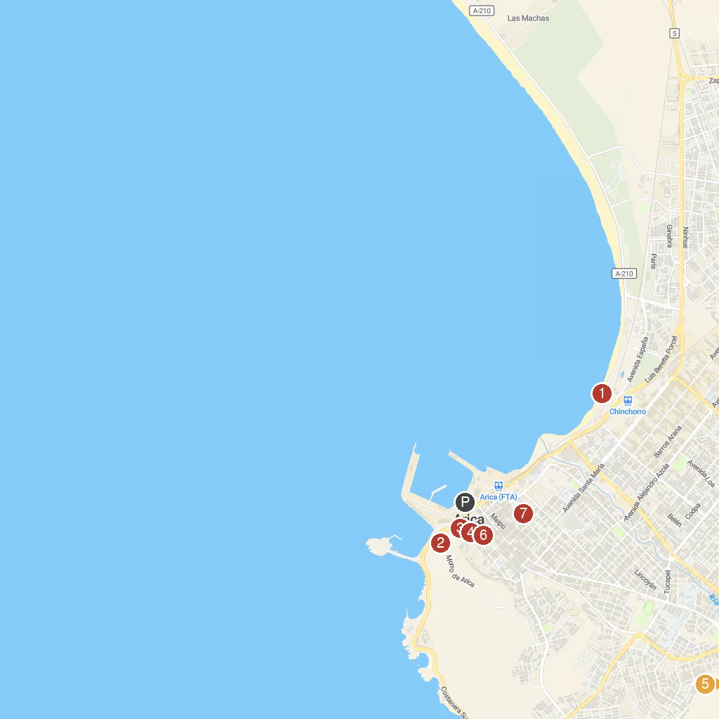 Arica, Chile map with numbered points of interest