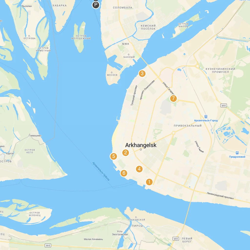 Arkhangelsk, Arkhangelsk Oblast, Russia map with numbered points of interest
