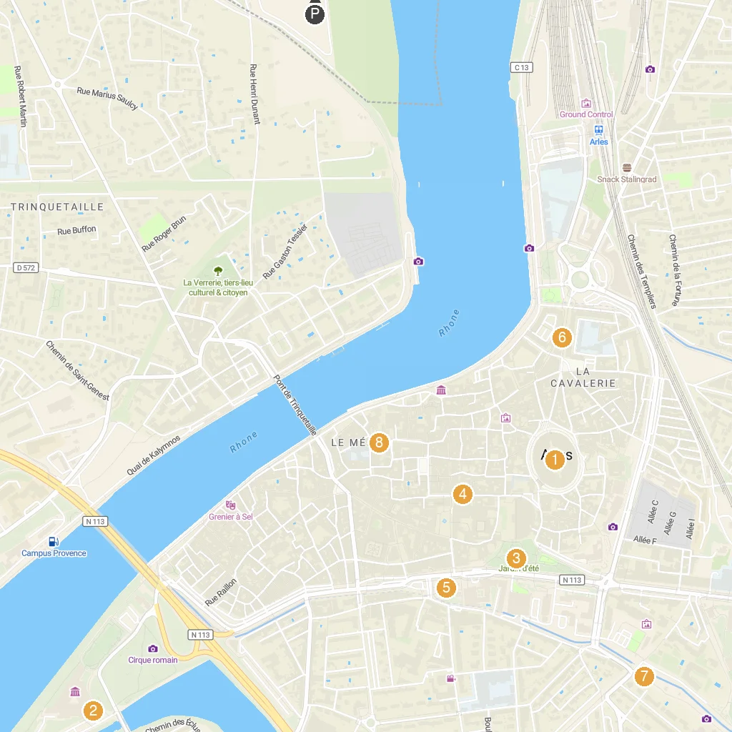 Arles, Provence, France map with numbered points of interest
