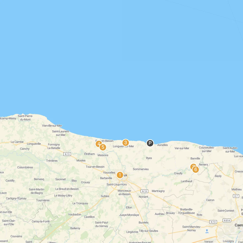 Arromanches-les-Bains, Normandy, France map with numbered points of interest