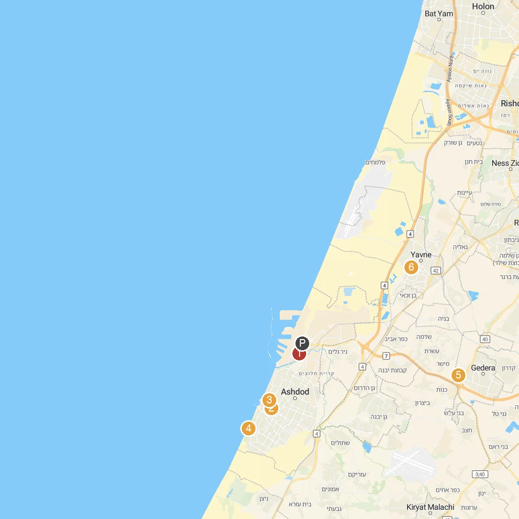 Ashdod, Southern District, Israel map with numbered points of interest