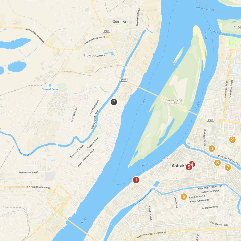 Astrakhan, Astrakhan Oblast, Russia map with numbered points of interest