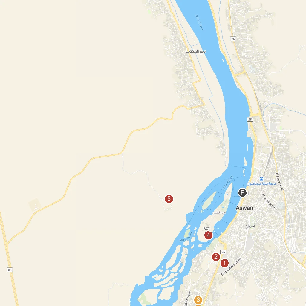 Aswan, Upper Egypt, Egypt map with numbered points of interest