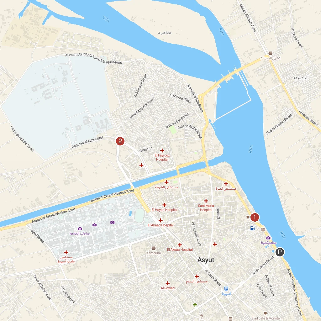 Asyut, Upper Egypt, Egypt map with numbered points of interest