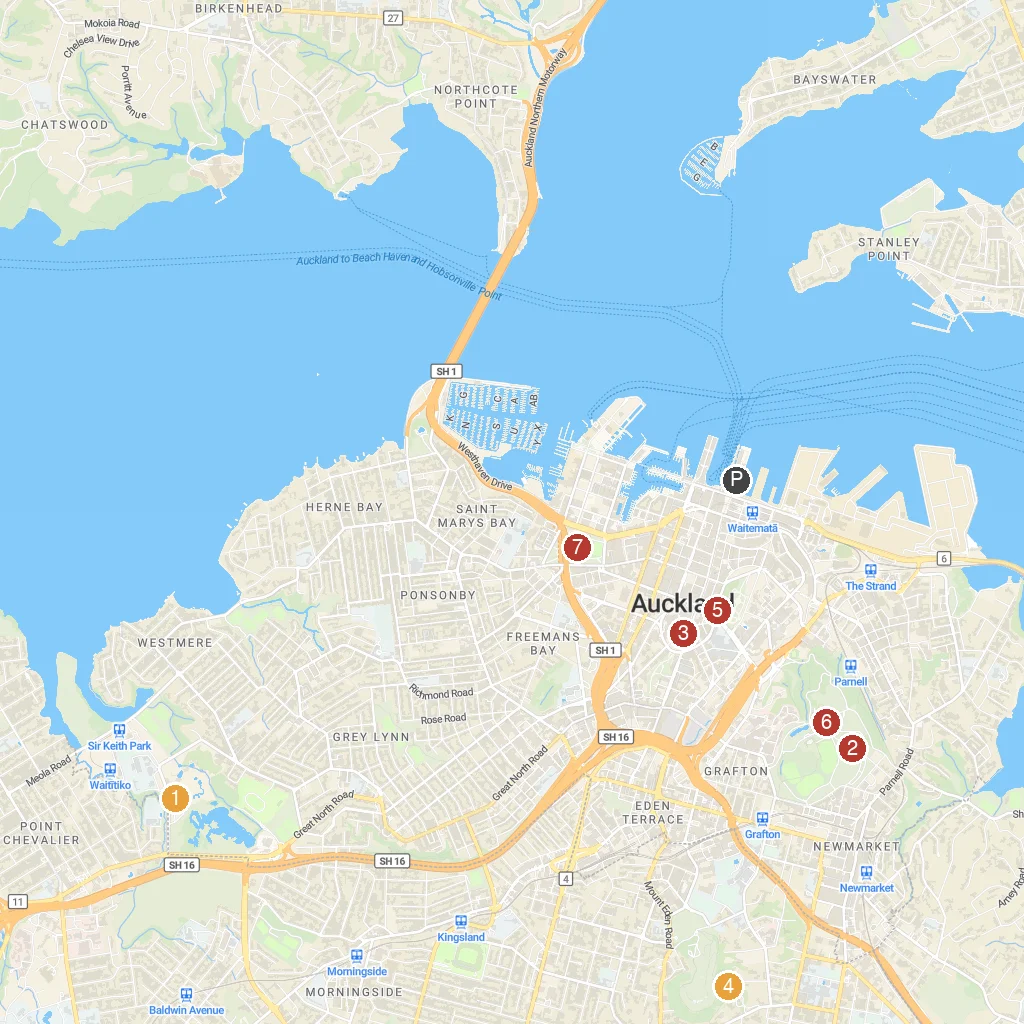 Auckland, North Island, New Zealand map with numbered points of interest