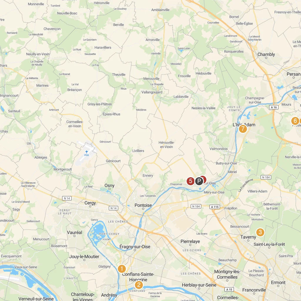 Auvers-sur-Oise, Île-de-France, France map with numbered points of interest