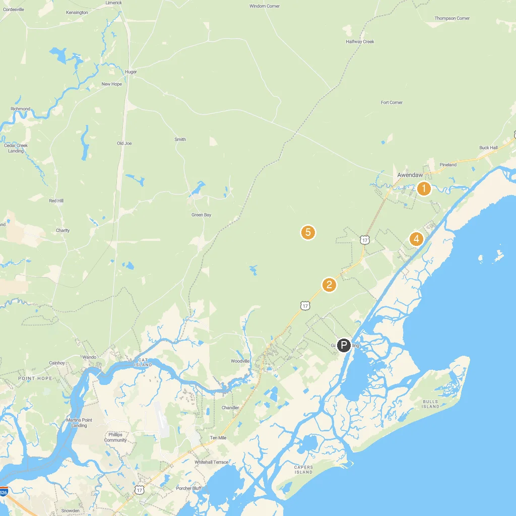 Awendaw, South Carolina, USA map with numbered points of interest