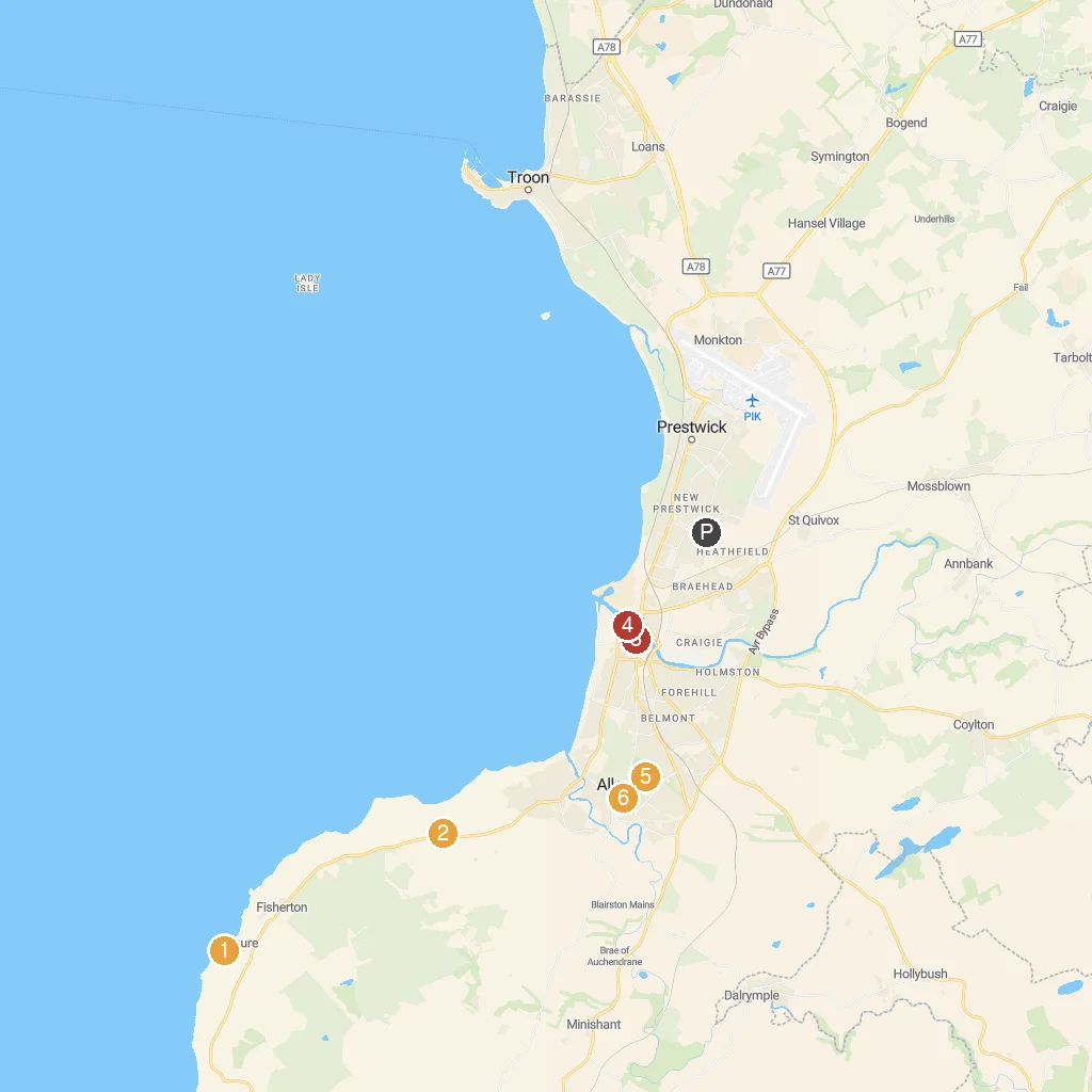 Ayr, South Ayrshire, Scotland map with numbered points of interest