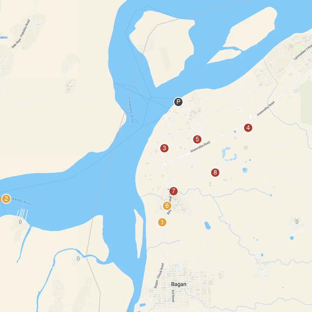 Bagan, Mandalay Region, Myanmar map with numbered points of interest