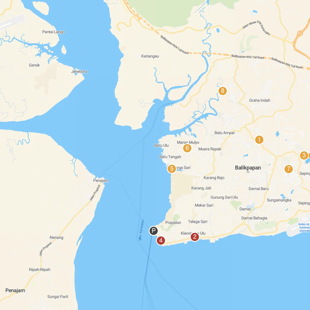 Balikpapan, East Kalimantan, Indonesia map with numbered points of interest