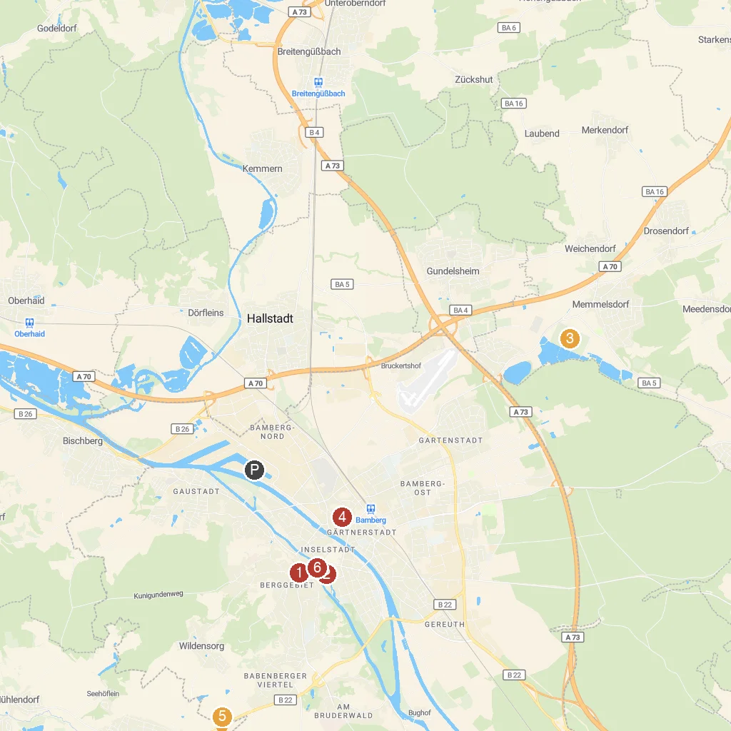 Bamberg, Bavaria, Germany map with numbered points of interest