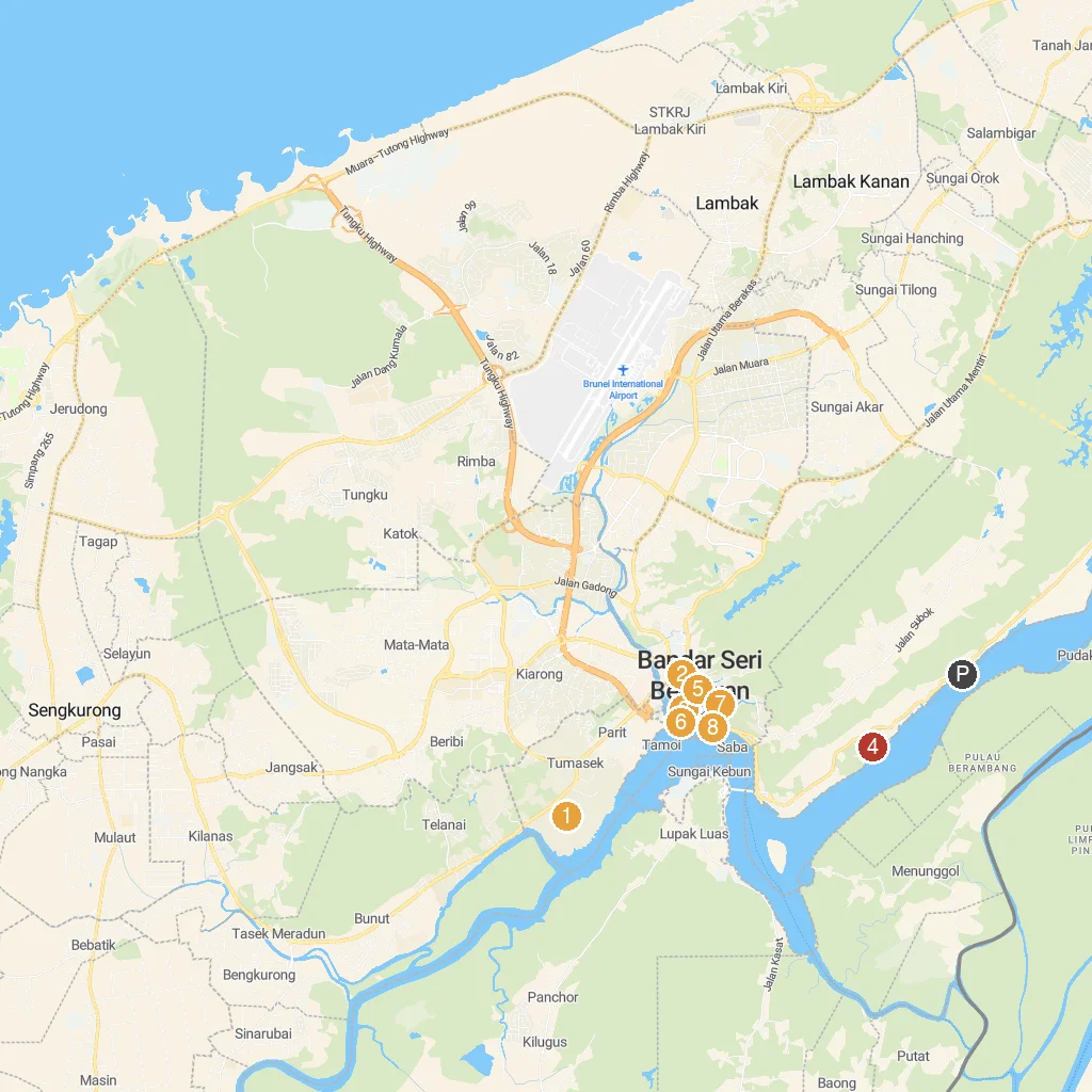Bandar Seri Begawan, Brunei map with numbered points of interest